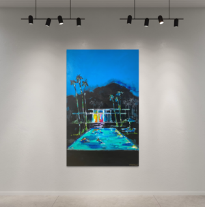 Mid-Century Evening 48"x72" Original by Warren Knapp An American Impressionist. Poolscape - Acrylic paint on canvas. Warren Knapp Fine Art.